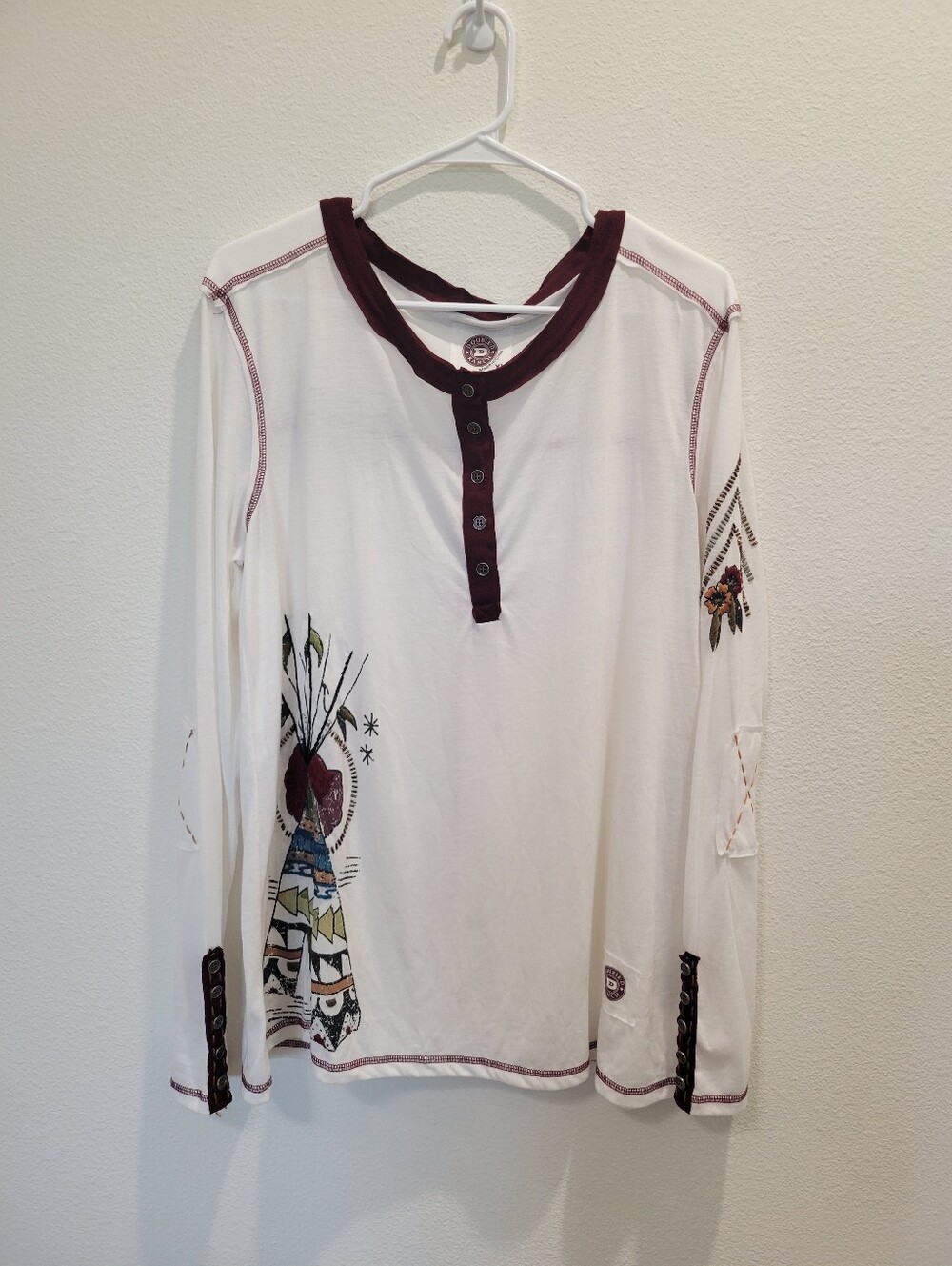 NEW Double D Ranch Sundowner Top Western Henley Long Sleeve Size XL White